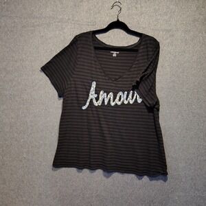Lane Bryant Black Stripe Amour Sequin V Neck Tee Shirt Plus Size 22 24